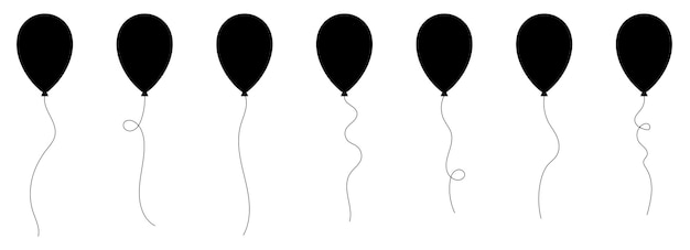 Vector set of black silhouette party balloons tied with strings vector illustration in cartoon style