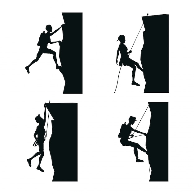 Set black silhouette scene men climbing on a rock mountain