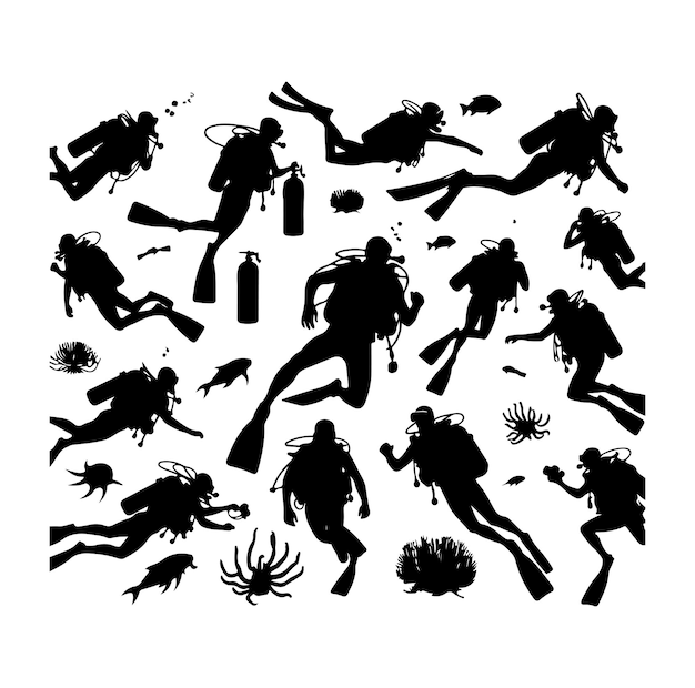 Vector set black silhouette scuba divers vector illustration vector