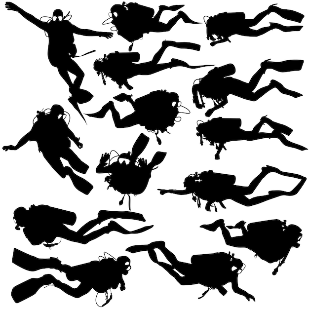 Set black silhouette scuba divers Vector illustration