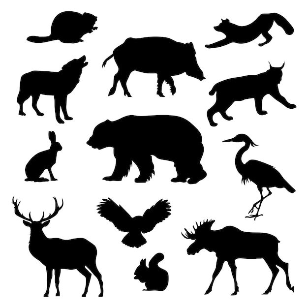 Vector set of black silhouette wild forest steppe animals vector illustration isolated on white side view profile collection woodland animals eps