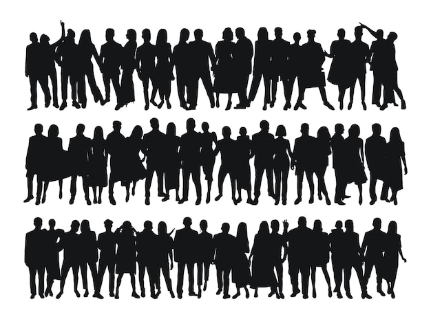 Set black silhouette of young couples of guys and girls crowd group team band isolated vector