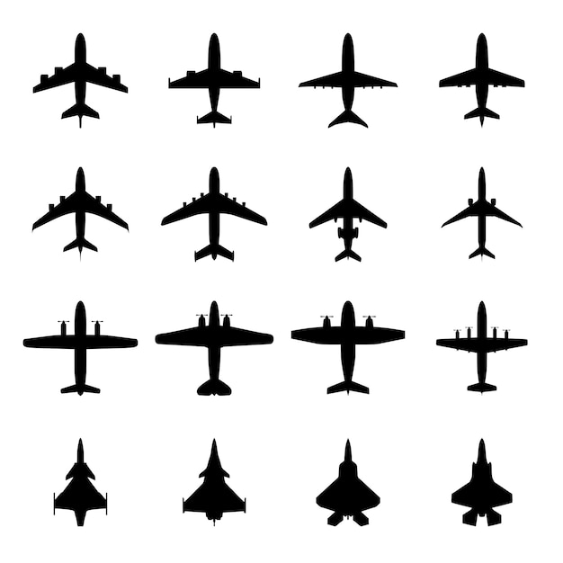 A set of black silhouettes of airplanes