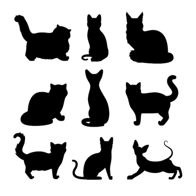 A set of black silhouettes of cats on a white background.




