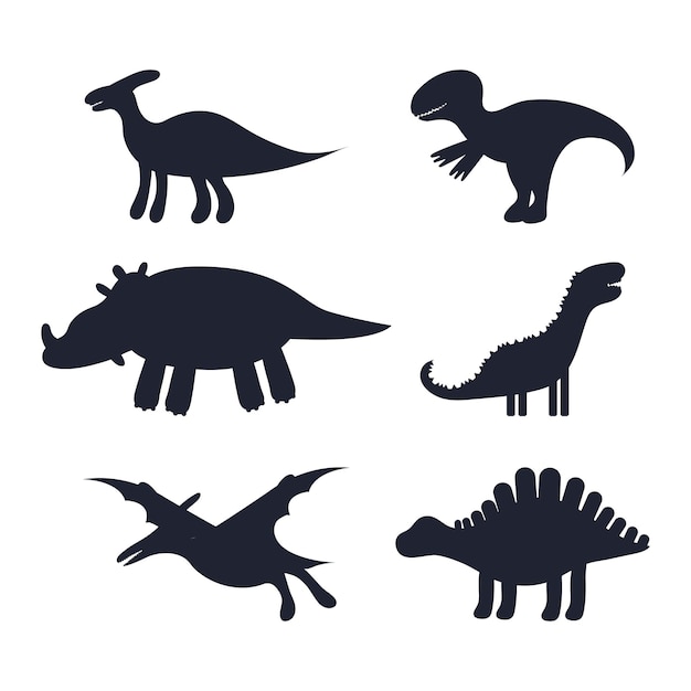 Vector set of black silhouettes of cute kids dinosaurs