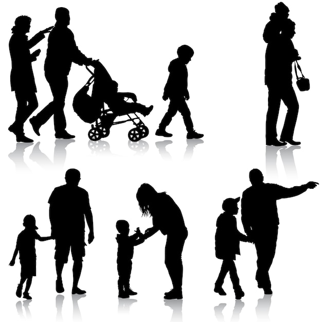 Набор черных силуэтов семья с коляской на белом фоне векторная иллюстрация