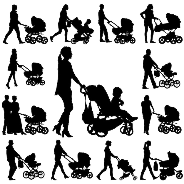 Vector set black silhouettes family with pram on white background vector illustration