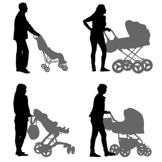 Set black silhouettes Family with pram on white background Vector illustration