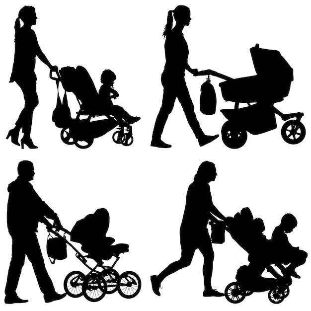 Set black silhouettes Family with pram on white background Vector illustration