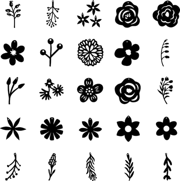 Set di silhouette nere di fiori e piante illustrazione vettoriale collezione minimalista di fiori