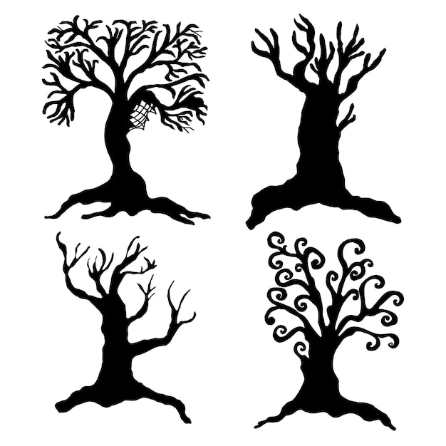 Set of black silhouettes of old trees without leaves vector illustration