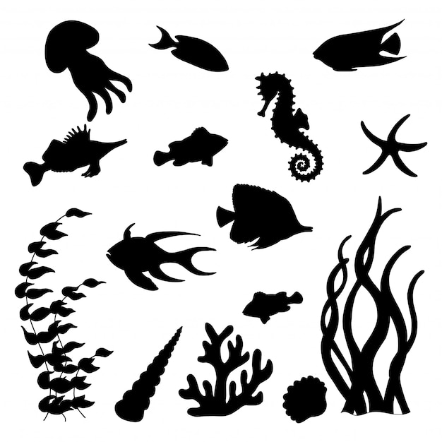 set of black silhouettes of sea fish
