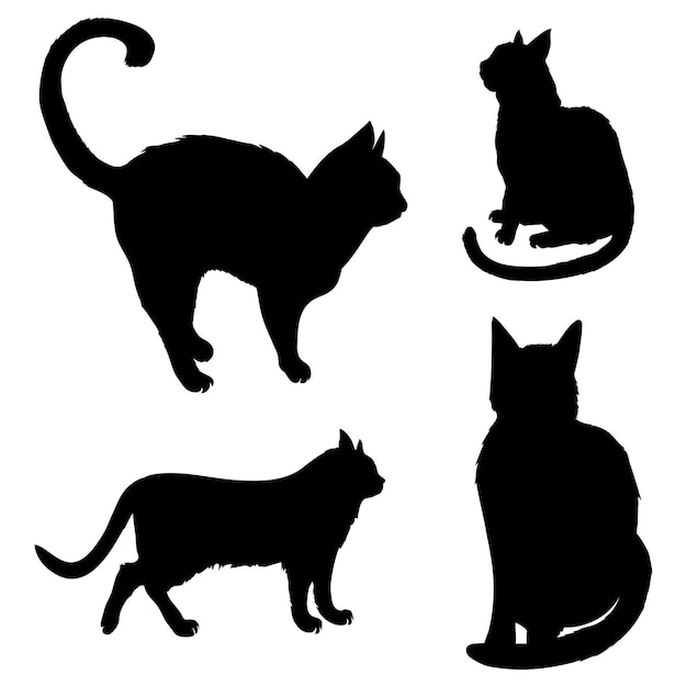 set of black silhouettes sitting cats isolated on white