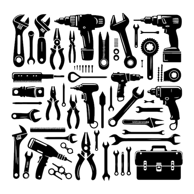 set of black silhouettes of tools vector