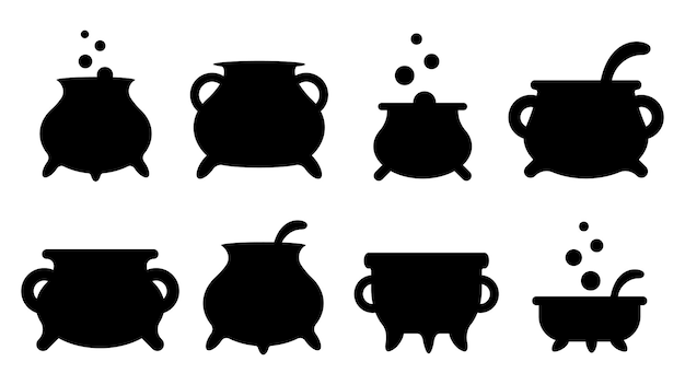 Vector set of black silhouettes of witch cauldrons with handles and magic potion. collection of items for the holiday halloween. vector illustration.