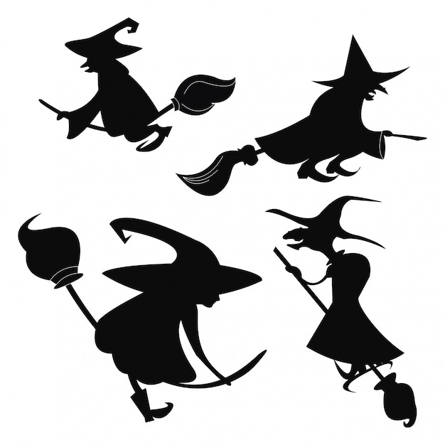 Vector set of black silhouettes of witches flying on a broomstick.