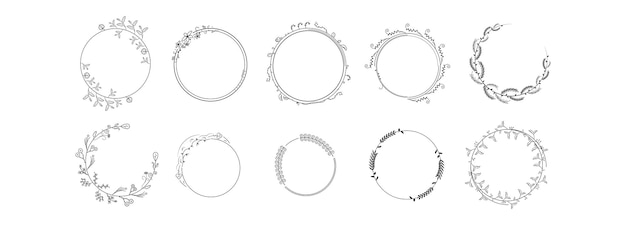 Vettore set black simple line collection doodle round floral frame leaves elements vector design style