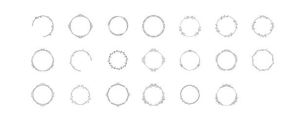 Набор Черных Простых Линий Коллекции Каракули Круглая Цветочная Рамка Листья Элементы Векторный Стиль Дизайна