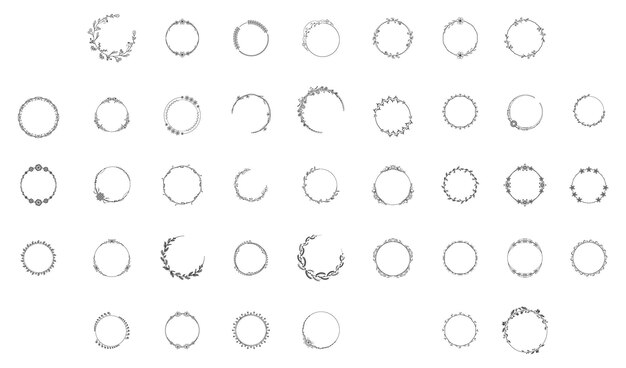 Набор Черных Простых Линий Коллекции Каракули Круглая Цветочная Рамка Листья Элементы Векторный Стиль Дизайна