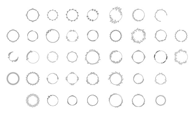 Vector set black simple line collection doodle round floral frame leaves elements vector design style