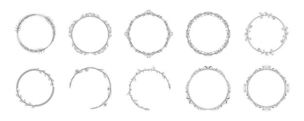 Set black simple line collection doodle round floral frame leaves elements vector design style