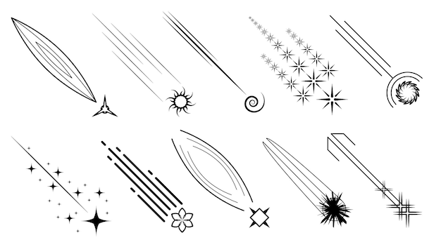 Vector set black simple line comets meteorites collection doodle elements vector design style sketch