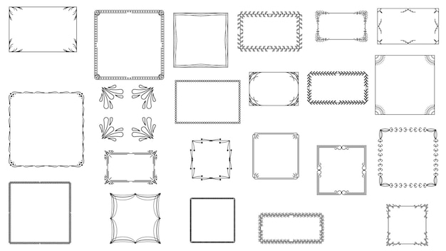 Set Black Simple Line Frame Collection Doodle Square Floral Frame Elements Vector Design Style