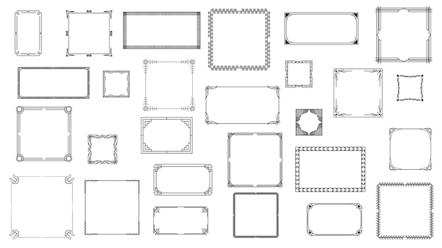 Set Black Simple Line Frame Collection Doodle Square Floral Frame Elements Vector Design Style