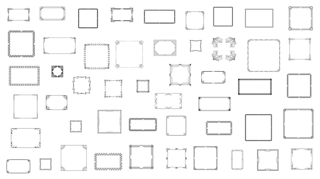 Set Black Simple Line Frame Collection Doodle Square Floral Frame Elements Vector Design Style