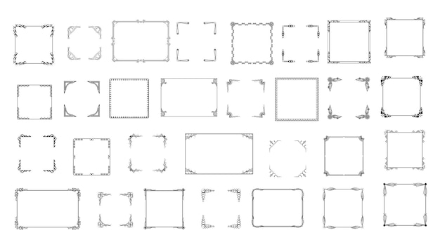 Set Black Simple Line Frame Collection Doodle Square Floral Frame Elements Vector Design Style
