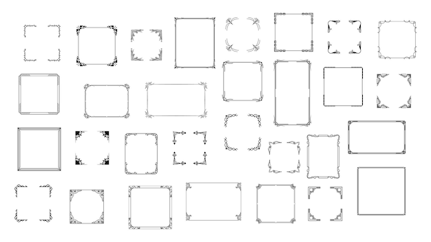 Set Black Simple Line Frame Collection Doodle Square Floral Frame Elements Vector Design Style