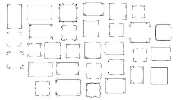 Set Black Simple Line Frame Collection Doodle Square Floral Frame Elements Vector Design Style