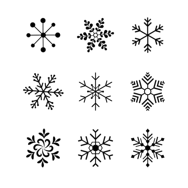 Set of black snowflakes in different styles.