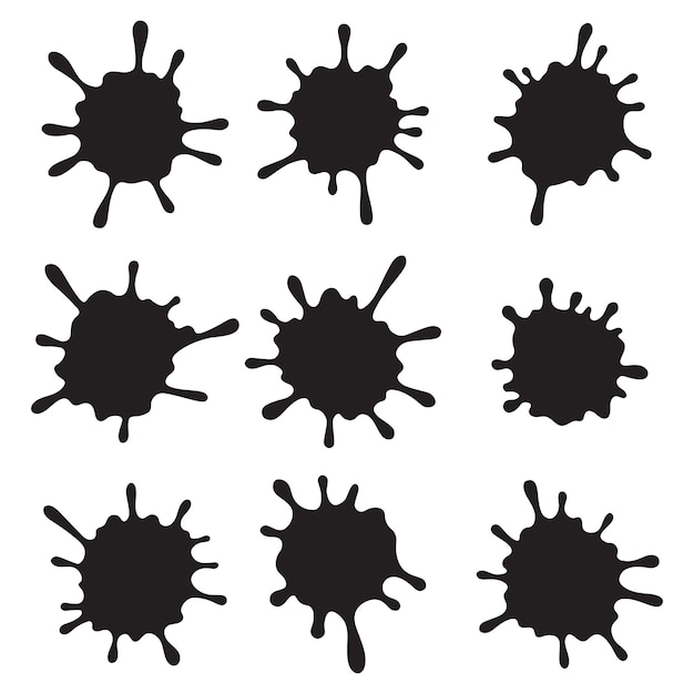 검은색 스플래시 세트는 플랫 스타일로 떨어집니다. 잉크 스플래터 페인트 얼룩 컬렉션 배지 컬렉션
