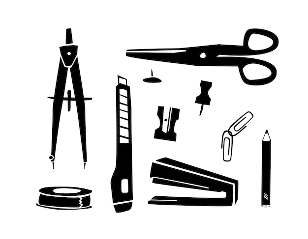Vettore set di strumenti fissi neri per lo stile silhouette del desktop dell'illustrazione del doodle forbici e cucitrice e diversi materiali per ufficio