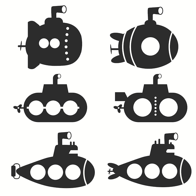 Set of black submarines on white background