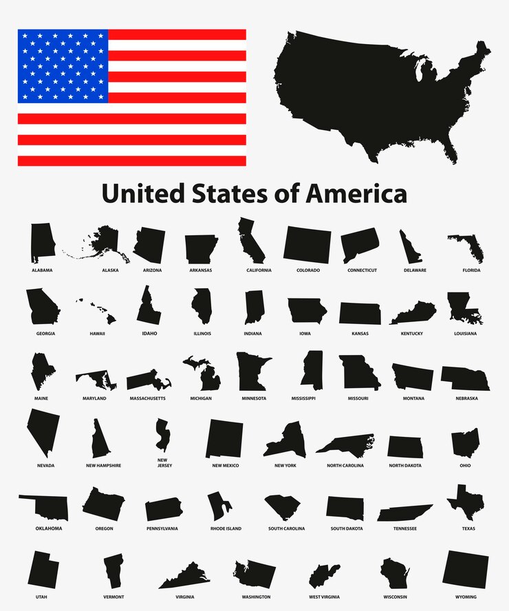 Vector set of black usa states on white background - vector illustration. simple flat map - united states. usa flag, general map and all states individually.
