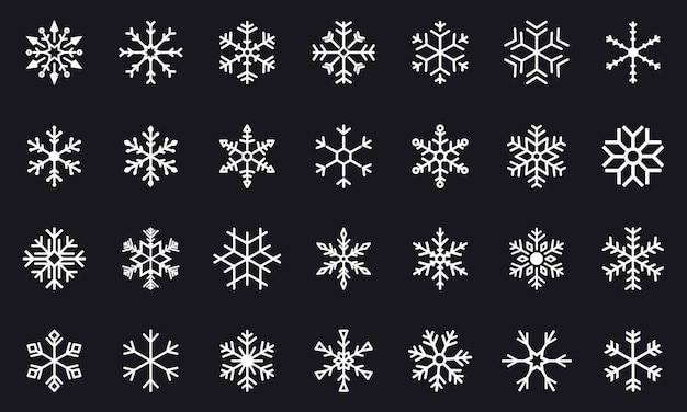 黒のベクトル雪片のセットです。冬のスノーフレークアイコン。冬のクリスマススノーフレーククリスタル要素。雪片のシンプルな細い線のアイコンのセットです。フラットベクトル装飾要素テンプレート。