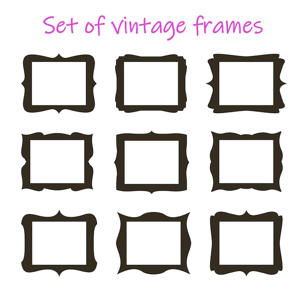 Set of black vintage frame silhouettes with holes Blank borders of various shapes Vector retro labels elements for your design