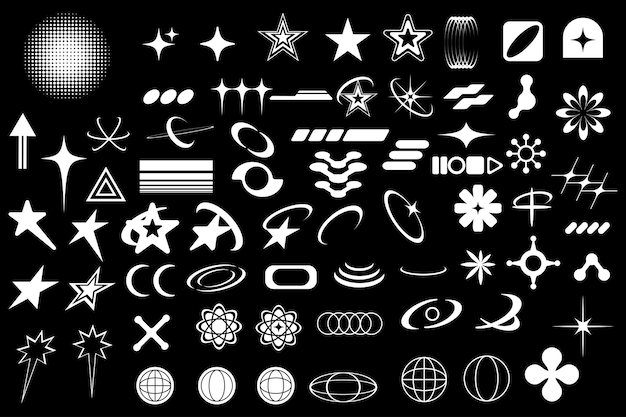 Set of black and white abstract y2k geometric elements and shapes Retro line design elements