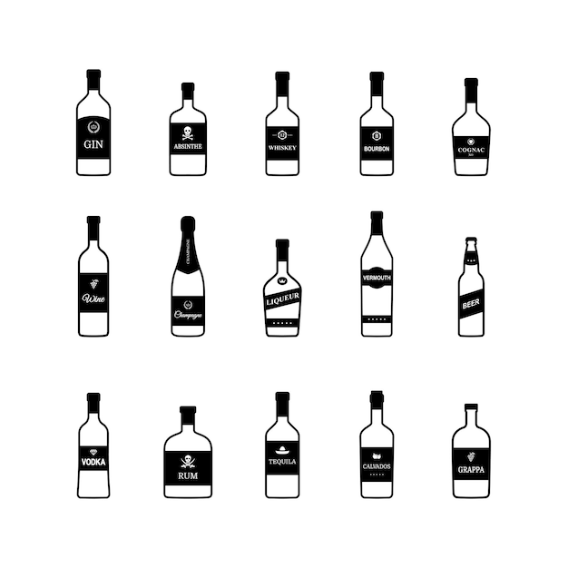 Set of black and white alcohol bottles vector illustration