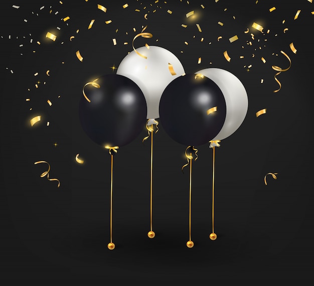 Vector set of black, white balloons with gold confetti.