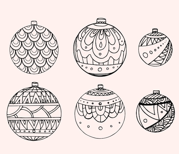 Set of black and white Christmas balls decorated with doodle pattern
