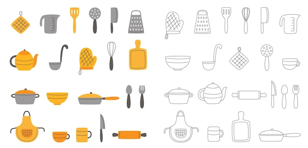 Set of black and white and colorful kitchen utensils. Vector illustrations.