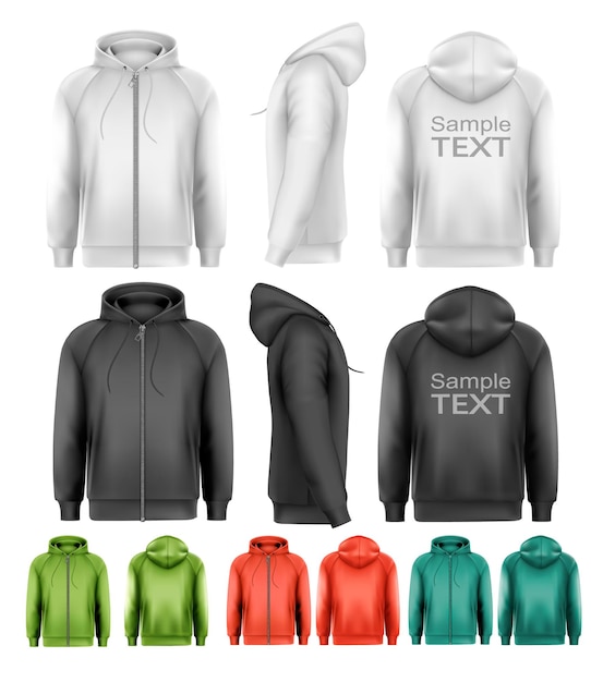 Vector set of black and white and colorful male hoodies with zipper. vector