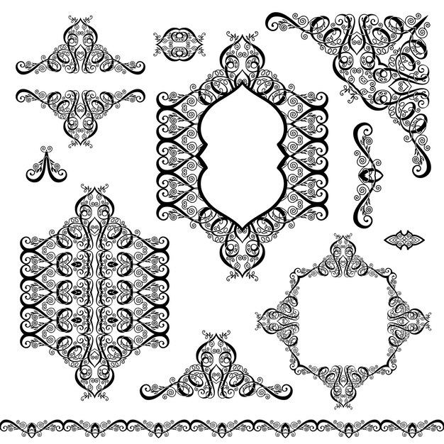 Set di elementi di design in bianco e nero e decorazione della pagina - cornici, divisori, motivo a strisce, raccolta di angoli, illustrazione vettoriale di calligrafia