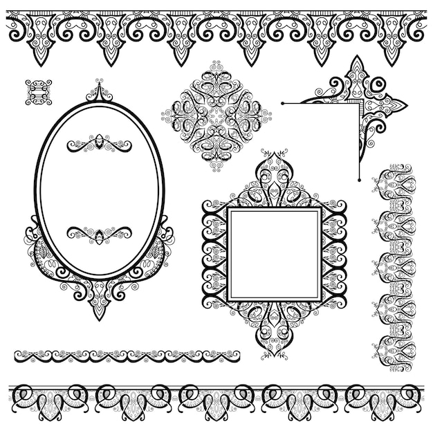 Набор черно-белых элементов дизайна и оформления страницы - рамки, разделитель, полосатый узор, угловая коллекция, векторная иллюстрация каллиграфии