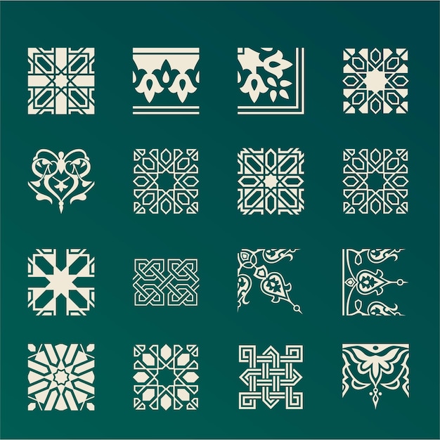a set of black and white designs with a green background