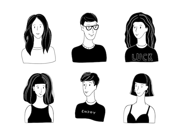 Set of black and white drawn people avatars Young and trendy men and women portraits Trendy doodle icons