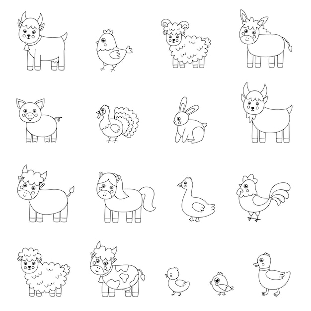 Set of black and white farm animals. Coloring page for children.